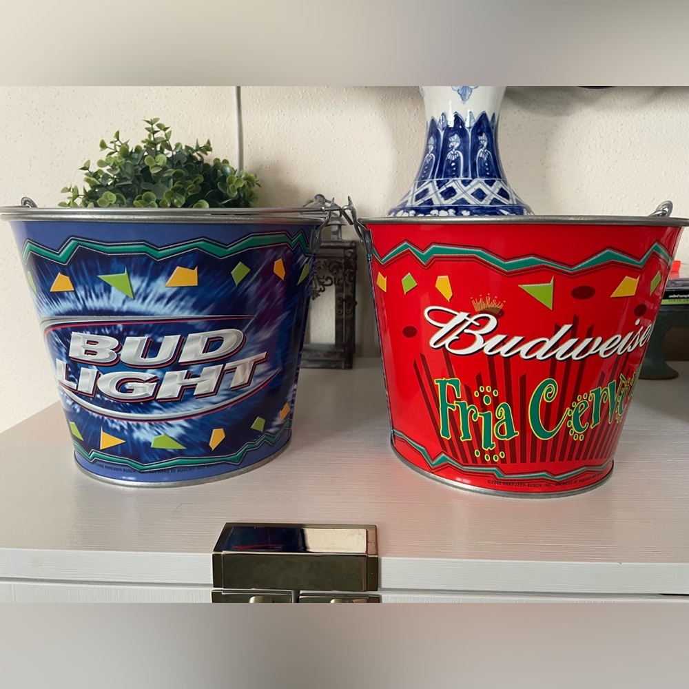 Budweiser Fria Cerveza Bud Light Bottle Bucket Party bar Advertising Set of 2